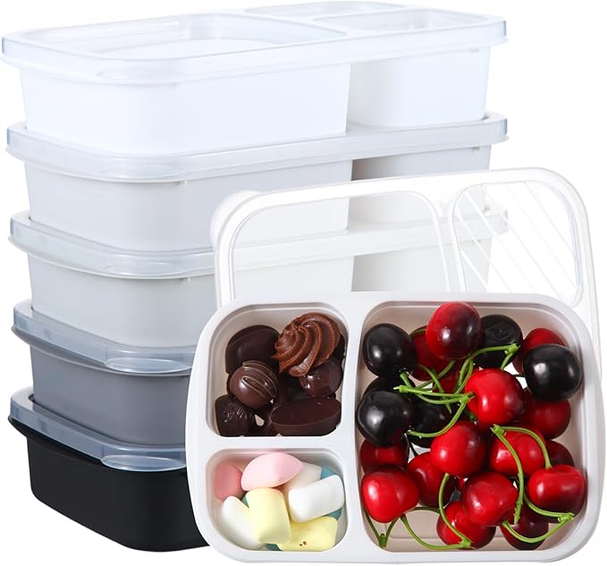 Honeydak 5 Pack Snack Containers 3 Compartment Bento Snack Boxes Divided Meal Prep Containers with Lids Reusable Adults Lunch Food Storage Box for School Work Travel(Black White)