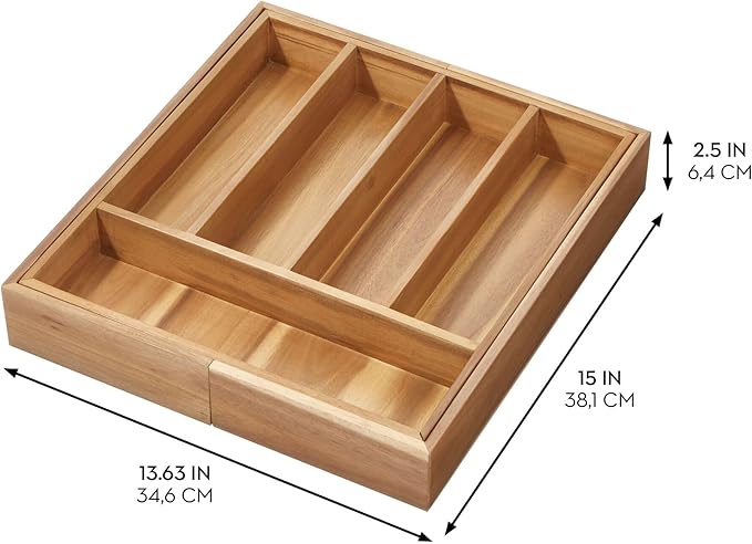 iDesign Expandable Acacia Wood Cutlery Drawer Organizer -Natural