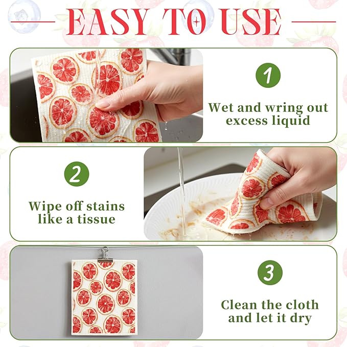 Tegeme 8 Pcs Fruit Swedish Dishcloth Kitchen Swedish Dish Towels Absorbent Cotton Reusable Strawberry Lemon Pineapple Watermelon Kitchen Towels for Summer Home Party Housewarming Cleaning, 6.8 x 7.7''