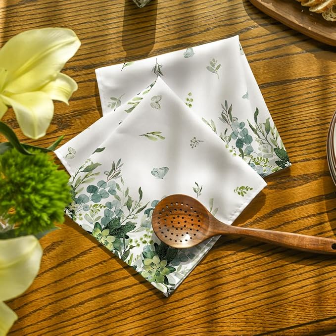 Horaldaily Spring Summer Cloth Napkins 18 x 18 Inch, Eucalyptus Floral Party Dinner Decoration Washable Napkins Set of 12