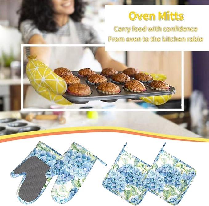 Blue Hydrangea Flowers Watercolor Oven Mitts Pot Holders Cooking Apron Set of 5 Silicone Kitchen Glove Apron Non-Slip Heat Resistant for Chef Baking Cooking Grilling BBQ