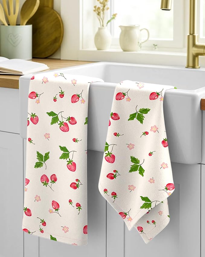 Miss Adola Flour Sack Kitchen Towels - Set of 2 Spring Dish Towels with Hanging Loop 18x26 Inch Absorbent Reusable Cotton Cloths for Cleaning Cute Design Home Decorative Housewarming, Color Strawberry