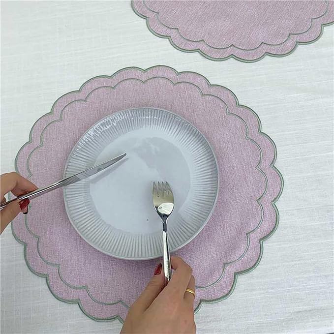 Linen Cotton Placemats Set of 4 Scalloped Flower Embroidery Place Mats 15'' Natural Linen Texture Fabric Machine Washable Table Mats for Restaurant Kitchen,Table Decor(Lilac)