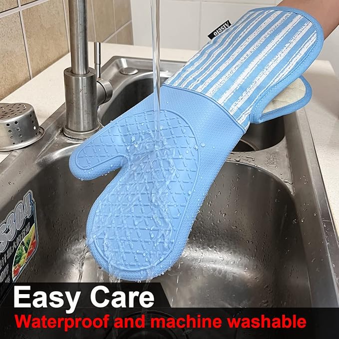 Alselo Silicone Oven Mitts Heat Resistant 932℉ with Waterproof & Non-Slip Kitchen Mittens, Set of 2 Extra Long Oven Gloves with Soft Cotton Terry Lining for Baking Cooking Barbecue (2, Blue Mitts)