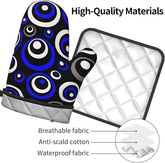 3 - Piece Blue Black White Retro Circular Oven Mitts & Pot Holders Sets, Modern Abstract Art Blue Oven Gloves Heat Resistant for Home Cooking Baking, Cooking, Kitchen Decor & Gift for Culinary Women