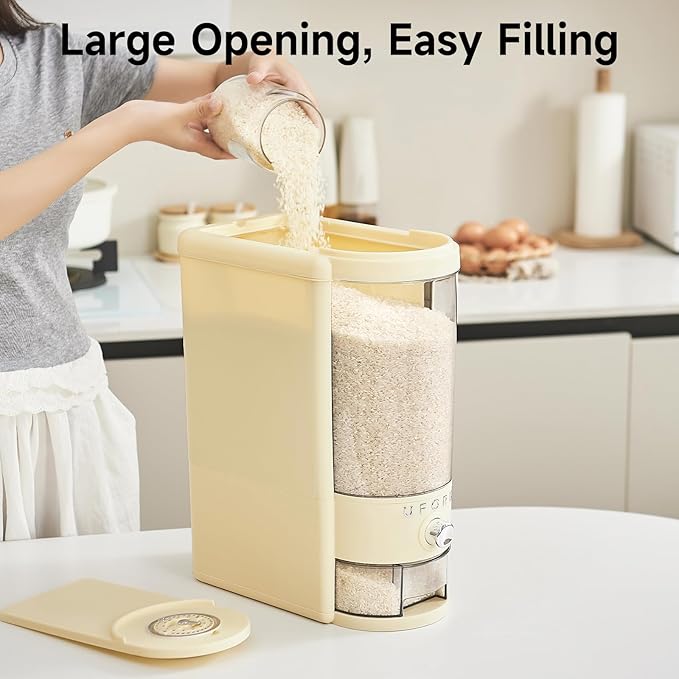 Rice Dispenser 10 lbs | Large Rice Storage Container for Kitchen&Pantry - Space-saving, Moisture & Pest-proof, BPA-Free - Dry Food Dispenser with One-Touch Dispenser & Measuring Cup for Families