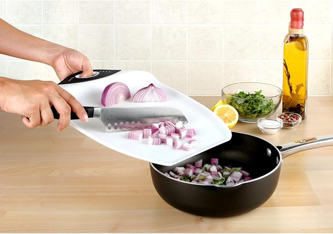 Dexas Chop & Scoop Cutting Board, 9.5 by 13 inches, White with Black Handle