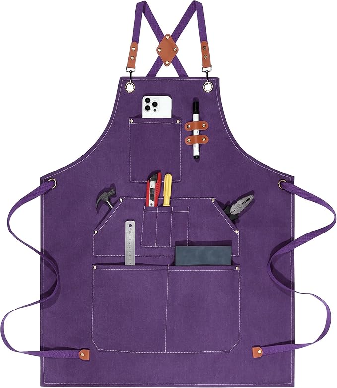 Work Aprons for Men Women with 9 Pockets Chef Apron 14oz Cotton Canvas Cross Back Aprons Heavy Duty Apron Purple Tool Apron for Woodworkers Kitchen Cooking Apron Waterproof Apron Size M to XXL