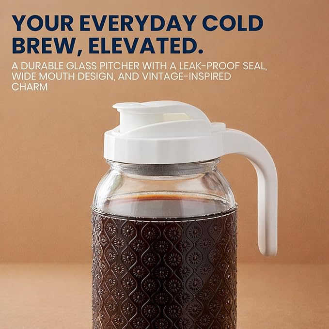 Cold Brew Coffee Maker 64 oz – Airtight Glass Mason Jar Pitcher Brewer with Leak-Proof Lid & Handle, Wide Mouth Iced Coffee Maker, Vintage Kitchen Decor - Blue