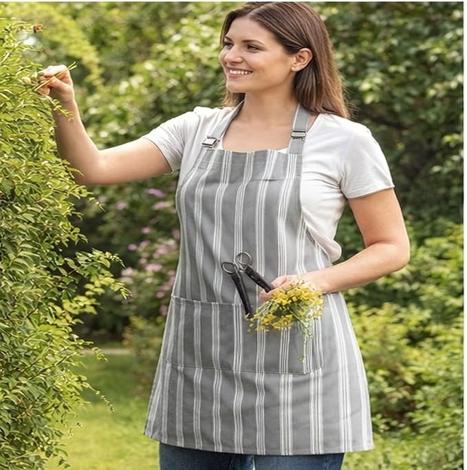 AMOUR INFINI Cotton Striped Aprons for Women with Pockets - Adjustable Strap and Waist Ties Printed Apron for Baking, Cooking, Gardening (27.5 x 33 Inches - Gray)