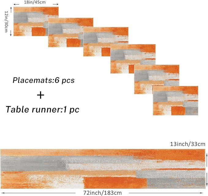ArtSocket Farmhouse Table Runner and Placemats Set of 6, Abstract Orange Grey Painting Art Dining Decor for Daily Use(1 Table Runner 72 inches Long and 6 Placemats)