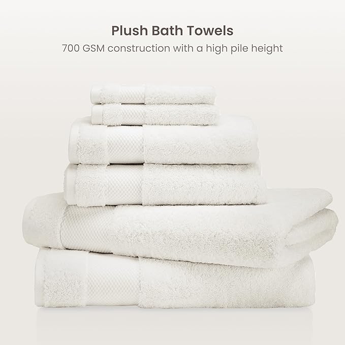 BIOWEAVES 100% Organic Cotton 700 GSM Plush 6-Piece Towel Set GOTS Certified, 2 Bath Towels, 2 Hand Towels & 2 Washcloths - Ivory