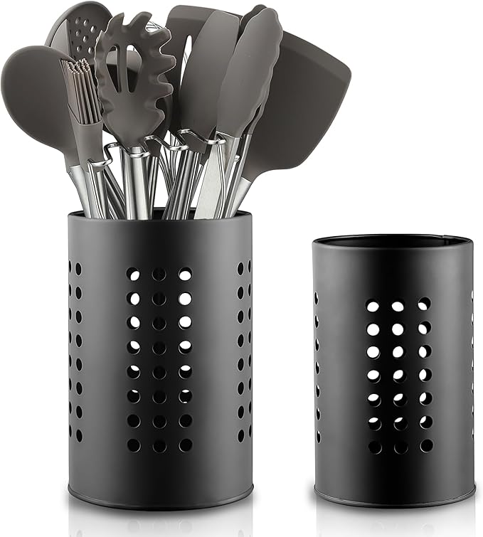 Berglander Kitchen Utensils Holder for Counter Top 2 Pieces, Black Stainless Steel Cutlery Holder, Kitchen Essentials Farmhouse Style Home Countertop Organizer