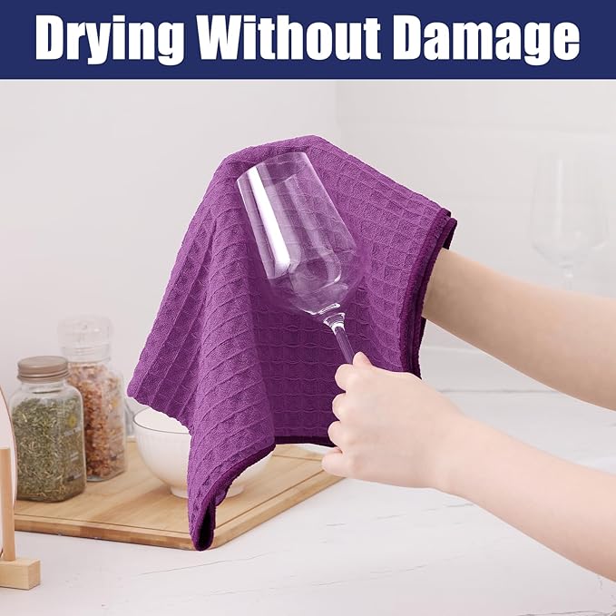 Homaxy Microfiber Waffle Weave Kitchen Towels Set, 16 x 28 Inch and 12 x 12 Inch Ultra Absorbent and Solid Color Dish Towels, 8 Pack, Purple