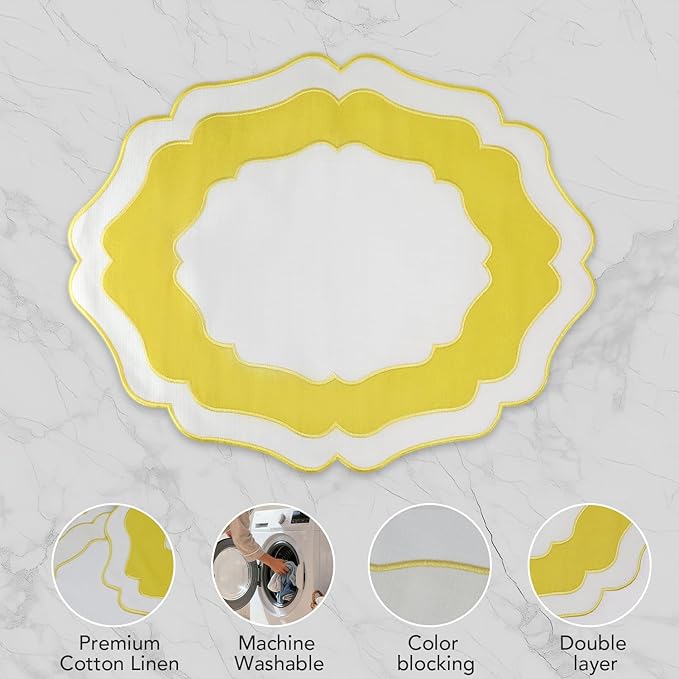 Embroidery Cotton Linen Placemats Set of 4, HADEEONG Table Mats Cloth Placemats, Washable Wrinkle Resistance, Double Layer Scalloped Fabric Placemats, 17.7 x 13.4inch (White with Yellow, 4)