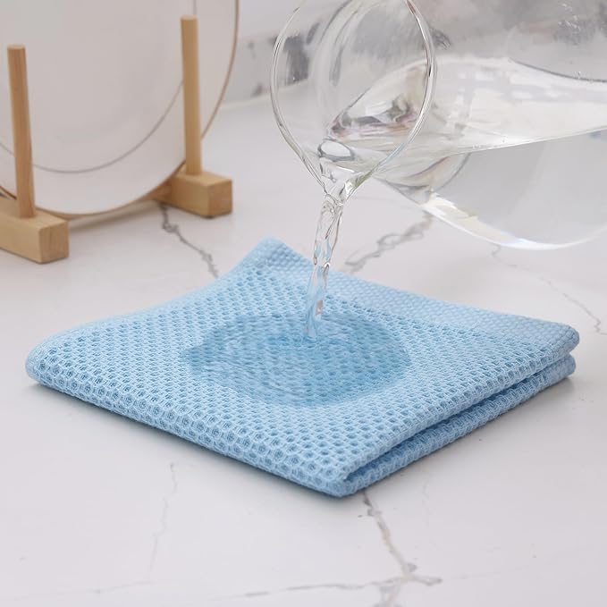 Kitinjoy 100% Cotton Kitchen Dish Cloths (12 X 12 Inches, Sky Blue), 6 Pack Waffle Weave Ultra Soft Absorbent Dish Towels for Drying Dishes Quick Drying Kitchen Towels Dish Rags