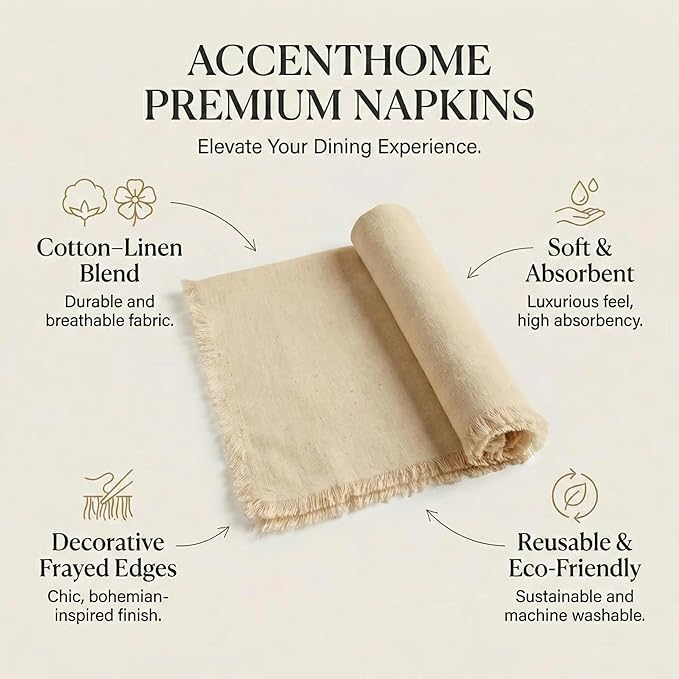 ACCENTHOME Cream Cotton Linen Napkin Set of 6 18x18 inch Dinner Napkins - Washable Soft Premium Hotel Quality Reusable Napkins Perfect Table Napkins for Family Dinners, Weddings & Everyday Use