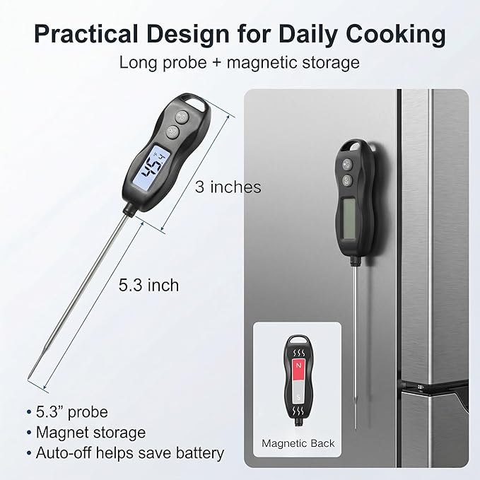 Meat Thermometer Digital with Backlight – Instant Read Food Thermometer Waterproof for Cooking BBQ Grilling Steak Bread Baking Turkey Candy Oil Liquid (Black)