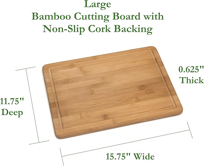 Lipper International Bamboo Wood Kitchen Cutting and Serving Board with Non-Slip Cork Backing, Large, 15-3/4" x 11-3/4" x 5/8"