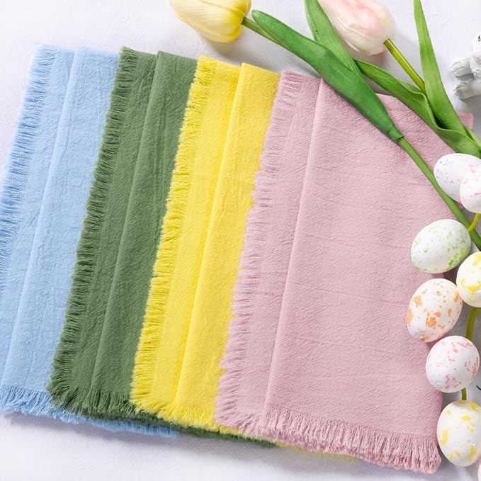 DeZerlor 12 Pack Easter Color Cotton Linen Napkins with Fringe Easter Spring Cloth Napkins Set of 6 12 Boho Handmade Dinner Napkins Bulk for Wedding Bridal Baby Boy Shower Parties, 17 x 17