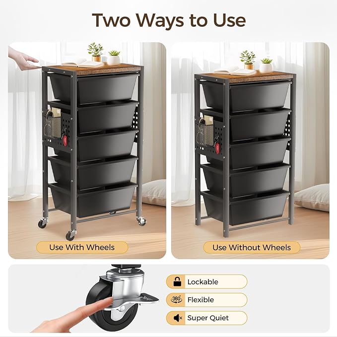 Rolling Cart with 4 Drawers, Plastic Drawer Storage Carts with Wheels & Wooden Tabletop, Metal Utility Cart with Pegboards, Office Living Room Classroom Craft Organization and Storage, Dark Black