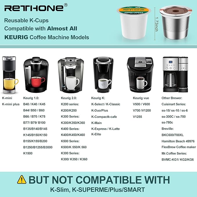 RETHONE K Cup Reusable Coffee Pods Compatible with Keurig 1.0 & 2.0 Coffee Machines, Stainless Steel Reusable K Cups Brewers Refillable K Cups (4 Pack)