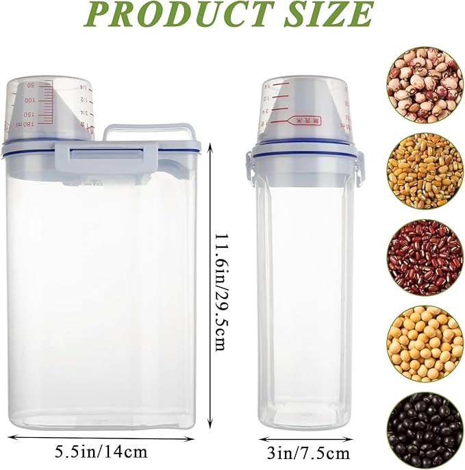 AKOLAFE 4 Pack Flour Container 5LB Pantry Food Storage Containers with Lids Airtight & Measuring Cup Small Air Tight Rice Holder Bin Plastic Cereal Grain Dispenser Kitchen for Sugar Dry Goods Pet Food