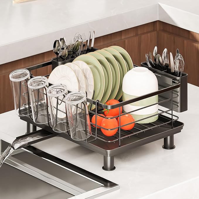 PureBox Dish Drying Rack with 2 Utensil Holders, Rustproof Metal Kitchen Counter Organizer with Cup Holder & Drain Board, Large Capacity Dish Rack for Sink, Black