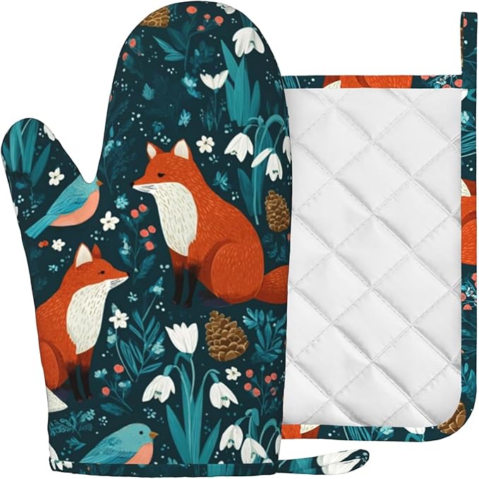 Forest Fox Animal Oven Mitts and Pot Holders Sets Green Floral Silicone Kitchen Mitts Potholders Heat Resistant Oven Gloves Hot Pads for Kitchen Baking Cooking