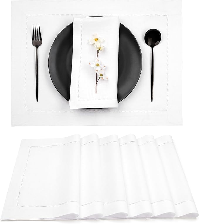 D'Moksha Homes White Linen Placemats Set of 6 - Classic Hemstitch Placemats 14 x 19 Inch - 100% Pure Linen Table Mats for Mothers Day, Spring - Handcrafted and Machine Washable