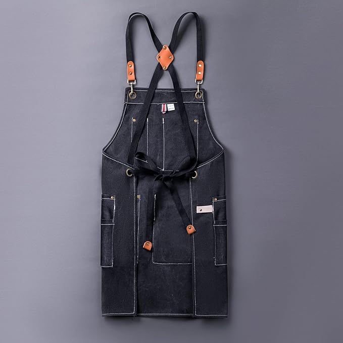 Aoomzoon Canvas Aprons for Men Chef Apron, Work Apron with Large Pockets - 16oz Heavy Duty Cross Back, BBQ, Cooking