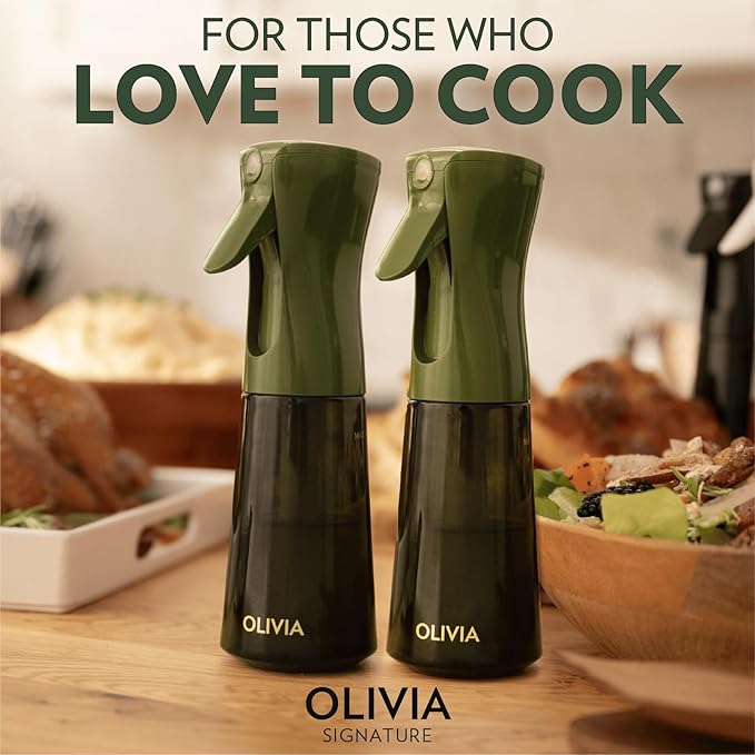 FLAIROSOL OLIVIA Signature Oil Sprayer for Cooking, 2 Pack Green Glass Olive Oil Sprayer, 200ML Oil Dispenser for Kitchen, Continuous Oil Spray Bottle with Portion Control for Air Fryer, Salad, BBQ