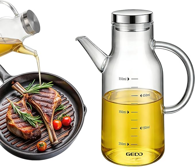 GEDO Borosilicate Glass Oil Dispenser, Eagle Beak Drip-Free Spout with Airtight Stainless Steel Lid, Measurement Markings & Ergonomic Handle, Multi-Purpose for Kitchen & Outdoor Picnic (0.58QT/550ml)