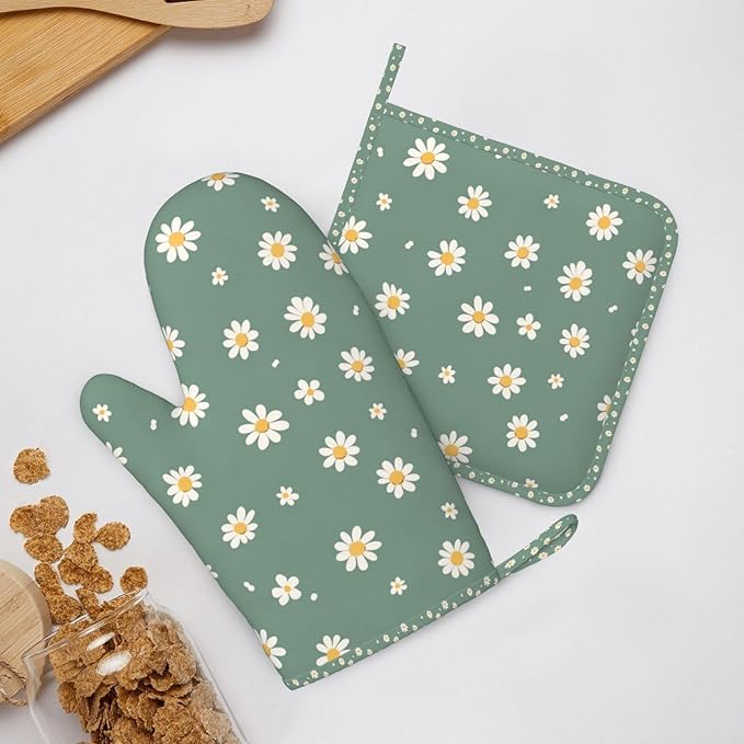 Oven Mitts and Pot Holders Daisy Flower Green Silicone Kitchen Accessories Set of 2 Heat Resistant Long Gloves Potholder Non-Slip Grip for Chef Cooking Baking Grilling BBQ