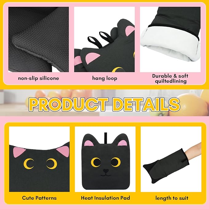 Oven Mitts, Cute Black Cat Silicone Oven Mitts and Pot Holders Sets, Funny Cooking Gloves with Potholders for Kitchen Heat Resistant, Soft Cotton Inner Lining Gloves for Baking,Microwave