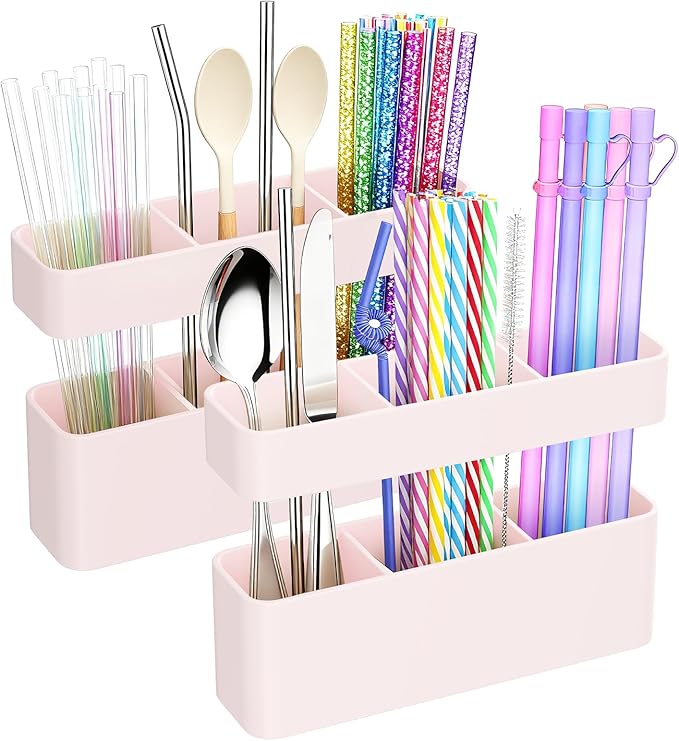 MoodLife 2-Pack Silicone Straw Holder for Cabinet Door,Reusable Adhesive Container for Kitchen Storage Solutions, Cupboard Organizer and Space Saving Hacks (Pink)