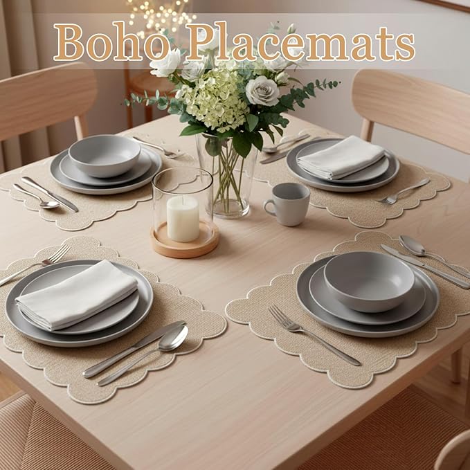 LemonRoad 8 Pcs Boho Linen Placemats Set 13" x 19" Elegant Scalloped Double Layered Placemats Farmhouse Washable Rustic Dining Table Decorations for Kitchen Wedding Banquet (Brown,Beige)