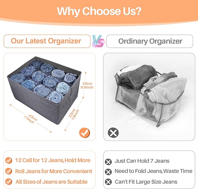 EASEVE 2Pcs Closet Organizers and Storage Bins for Clothes - 12 Cell Drawers Organizer Grid Storage Box for Jeans Pants Sweater Towel T-shirts, Wardrobe Shelf Dividers Closets Organization