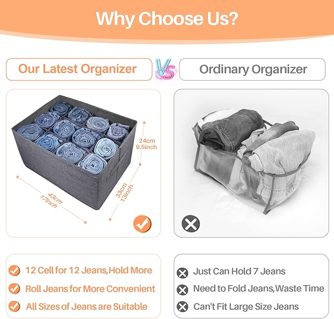 EASEVE 4Pcs Closet Organizers and Storage Bins for Clothes - 12 Cell Drawers Organizer Grid Storage Box for Jeans Pants Sweater T-shirts, Wardrobe Shelf Dividers Closets Organization