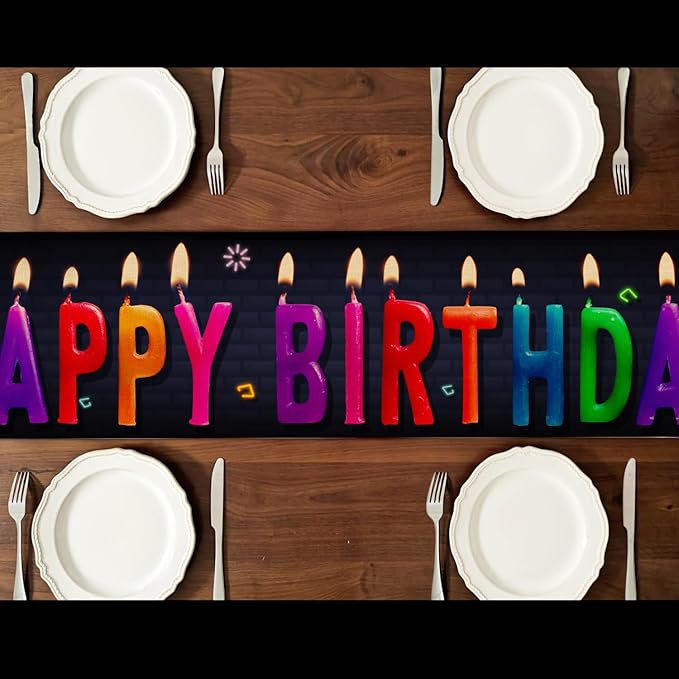 Happy Birthday Table Runner 13x72 Inch Birthday Candle Farmhouse Polyester Linen Table Decoration for Kitchen Dinning, Indoor Outdoor Home Dinner Party (Multi)