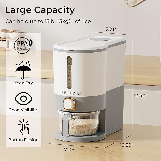 Rice Dispenser, Rice Storage Container with Measuring Cup for Kitchen Pantry Household, Dry Food Storage Containers Airtight, Sealed Moisture Proof (Grey 11 Lbs)