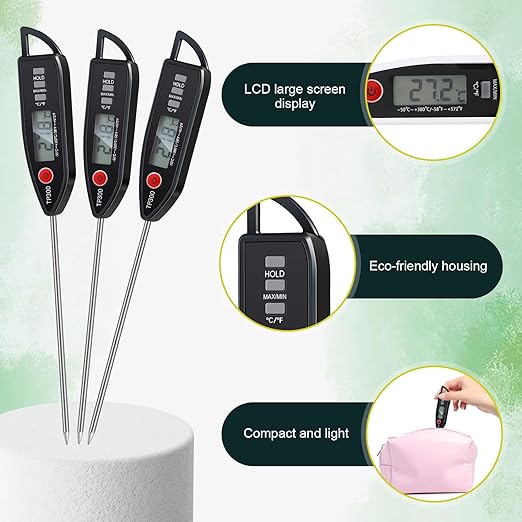 Copkim 3 Pcs Instant Read Meat Thermometer with Long Probe 9.65 Inch Kitchen Cooking Food Candy Waterproof Digital Thermometer for BBQ Water Milk Yogurt Liquid (Pointed,Black)