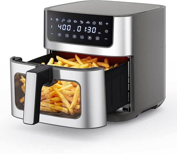 NEWBULIG Air Fryer 6.34QT, Airfryer with Visible Window, 400℉ Fast Heating Air Fryers Oven with Nonstick and Dishwasher-Safe Basket, 8-in-1 Cooking Preset, Timer，Auto-Off, Stainless Steel, Grey