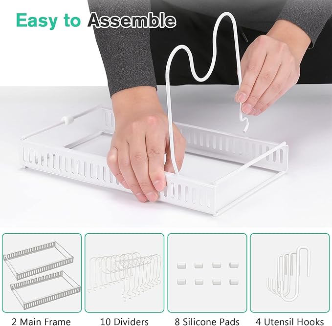 Puricon Expandable Pot and Pan Organizer for Cabinet with 10 Dividers, Adjustable Pots and Pans Organizer Rack Pan Lid Cookware Bakeware Baking Storage Holder for Kitchen Countertop Pantry -White
