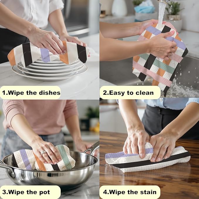 2 Pcs Colorful Stripe Kitchen Towels, Minimalist Art Decorative Absorbent Microfiber Dish Cloth Tea Towel, Checkered Waffle Soft Hand Towels for Kitchen Home Bathroom, Housewarming Gifts