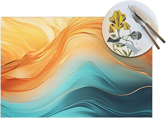 Orange Teal Marble Placemats Set of 4, Washable Non-Slip Heat-Resistant Kitchen Table Mats for Dining Outdoor Holiday Party Home Decor 12"x18", Linen Place Mats