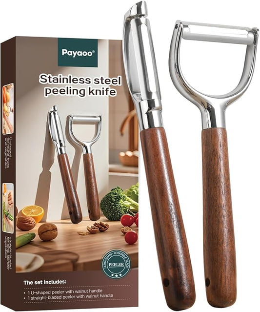 Vegetable Peeler Set, 2-Pack Potato Peelers (Straight + Y Peeler), Swivel Blades, Sharp Stainless Steel, Walnut Wood Handle, Fruit & Veggie Peeler for Kitchen