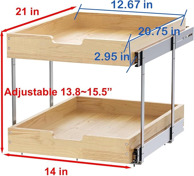 Sikarou Wood Pull Out Cabinet Organizer 2 Tie 14" W x 21" D, Heavy-Duty Sliding Drawers for Inside Cabinets Storage and Organization for Kitchen, Pantry, Bathroom