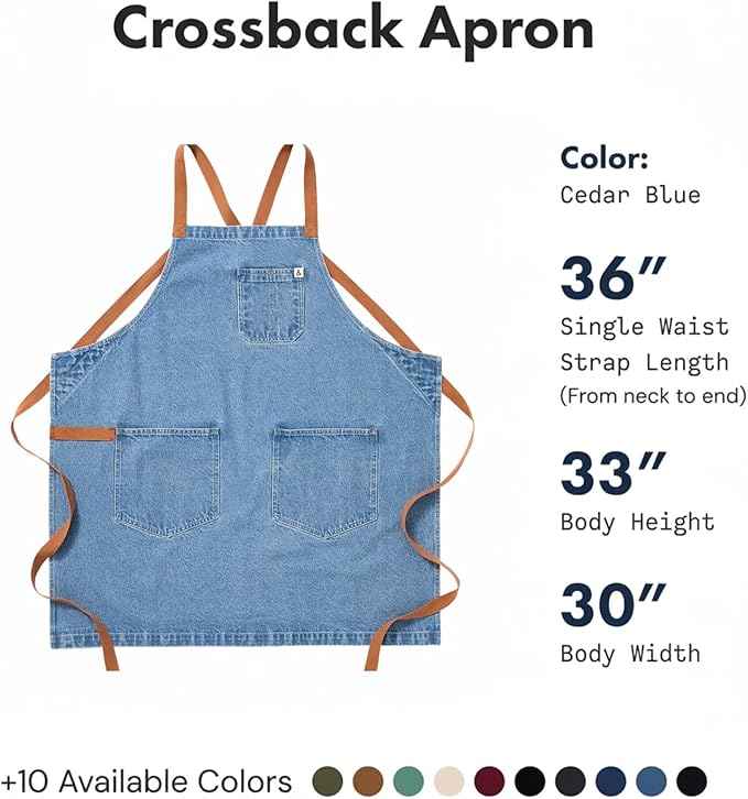 hedley & bennett Crossback Apron - Crossback Chef Apron with Pockets - 100% Cotton Denim, 8oz - Cedar Blue