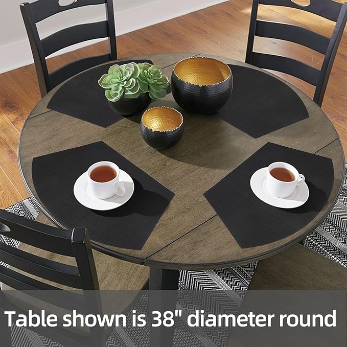 SHACOS Small Round Table Placemats Wedge Placemat Set of 4 Non Slip Heat Resistant Woven Vinyl Table Mats Wipe Clean Indoor Outdoor (4, Black)